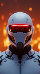 Poster - Close-up of a robotic helmet and torso, white with dark accents, glowing red visor against a blurred orange background, showcasing futuristic technology and design