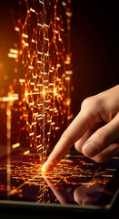 Poster - Finger interacts with glowing orange network on tablet screen, representing data connection, digital interaction, and technological advancement