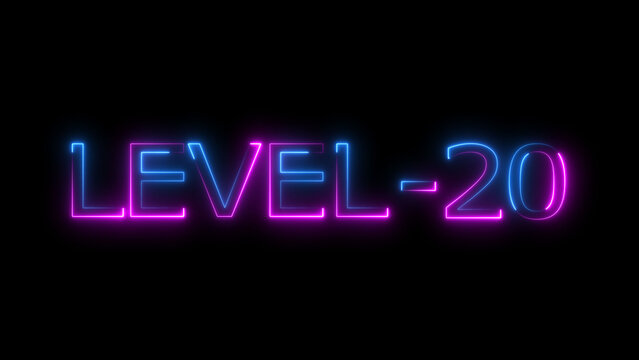 Abstract neon level 20 number 4k illustration. Level 20 neon text. Neon level up sign. motion graphic perfect for social media content. black background 4k illustration.