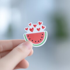 Poster - Hand Holding Colorful Watermelon Sticker with Hearts in Bright and Cheerful Background