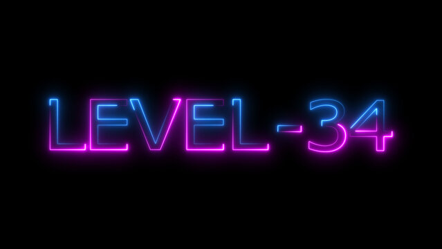 Abstract neon level 34 number 4k illustration. Level 34 neon text. Neon level up sign. motion graphic perfect for social media content. black background 4k illustration.