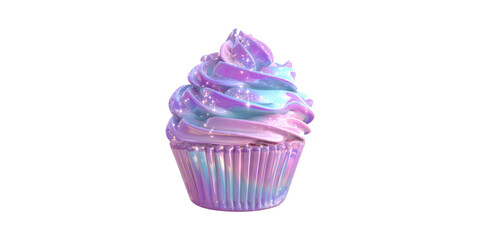 Poster - Holographic Cupcake With Iridescent Swirl Frosting. Futuristic Dessert Design Isolated On Transparent Background