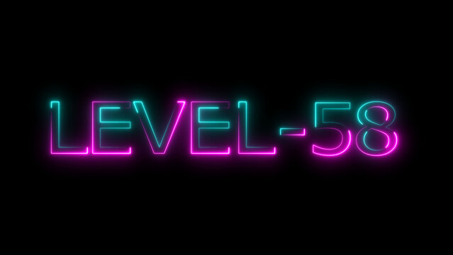 Abstract neon level 58 number 4k illustration. Level 58 neon text. Neon level up sign. motion graphic perfect for social media content. black background 4k illustration.