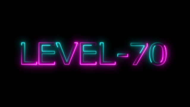 Abstract neon level 70 number 4k illustration. Level 70 neon text. Neon level up sign. motion graphic perfect for social media content. black background 4k illustration.