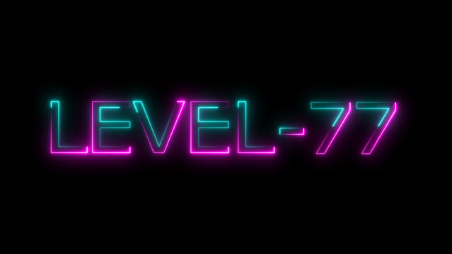 Abstract neon level 77 number 4k illustration. Level 77 neon text. Neon level up sign. motion graphic perfect for social media content. black background 4k illustration.