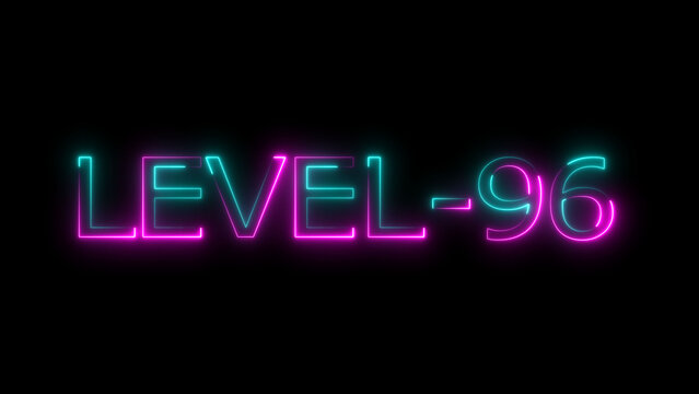 Abstract neon level 96 number 4k illustration. Level 96 neon text. Neon level up sign. motion graphic perfect for social media content. black background 4k illustration.
