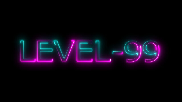 Abstract neon level 99 number 4k illustration. Level 99 neon text. Neon level up sign. motion graphic perfect for social media content. black background 4k illustration.