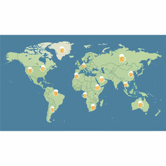 Naklejka na meble World map illustration showcasing global distribution of beer consumption, highlighting various locations.