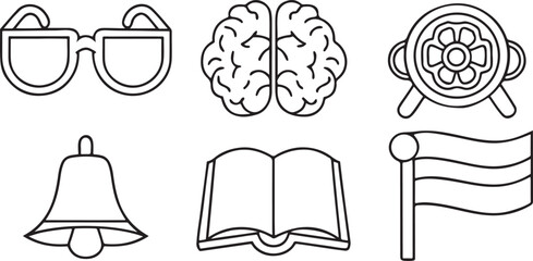 Poster - Isolated black 100 days smarter school icon set, includes eyeglasses, brain, medal, celebration flag, school bell, and notebook, perfect for milestone education designs