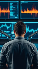 Poster - Man's back, gray shirt, facing multiple screens displaying data graphs, suggesting focus, analysis, or technological work
