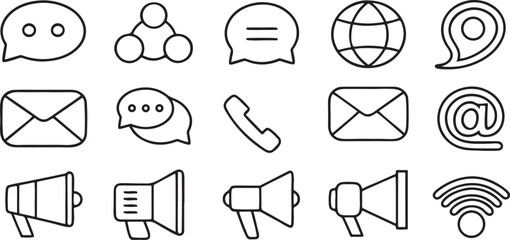 Poster - Isolated black communication icon pack in minimal line style, includes speech bubble, chat symbol, megaphone, phone call, email, signal bars, and messaging symbols