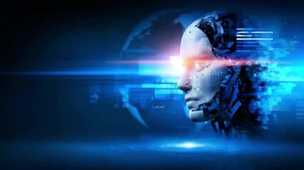 Poster - Futuristic AI Robot Head with Digital and Glowing Elements in Cybernetic Background