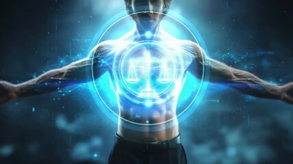 Poster - Muscular Man with Glowing Justice Symbol and Scales Hologram on Chest