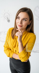 Poster - Woman in yellow blouse, thoughtfully looking up, surrounded by sketched lightbulb, globe, and book, symbolizing ideas, global thinking, and education