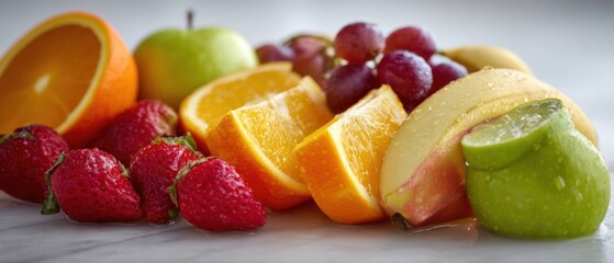 Wall Mural - The vibrant arrangement of fresh fruits on a marble surface
