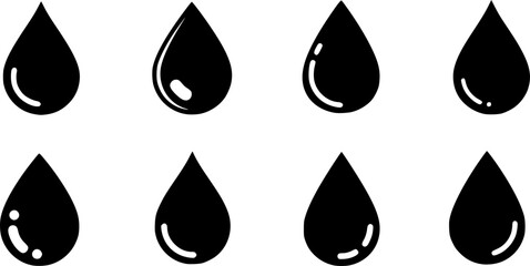 Wall Mural - Eight black liquid drop icons; various shapes; white background; website design, EPS Vector.