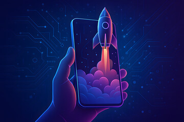 Poster - Launch into Tomorrow: A sleek smartphone showcases a dynamic rocket launch animation against a neon-lit cityscape backdrop, held by a hand, symbolizing innovation. 