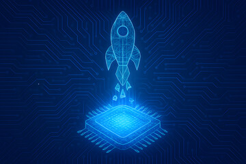 Poster - Digital Rocket Launch: A luminous digital rocket takes flight from a circuit board, symbolizing innovation and technological advancement in a sleek, futuristic, blue-hued design.