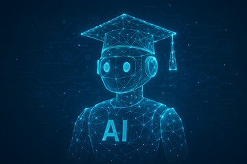 Poster - AI Robot Scholar: A high-tech illustration of an AI robot wearing a graduation cap, with the letters AI on its chest. A modern concept of education and technology. 