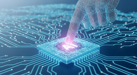Poster - AI and Tech: An innovative depiction of a fingertip activating an AI processor, highlighting technological progress and advanced computing concepts. 