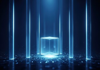 Poster - Futuristic holographic display projecting a glowing geometric shape amidst vertical blue light beams
