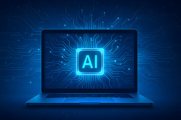 Poster - AI-Enhanced Laptop: A conceptual representation of a laptop with an integrated AI circuit board, glowing brightly to symbolize the power of artificial intelligence.