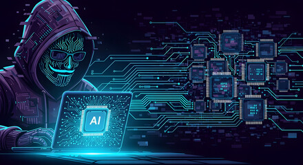 Poster - Cybersecurity Enigma: An anonymous digital figure, shrouded in shadows, intensely engages with intricate circuitry, hinting at an unseen technological narrative.