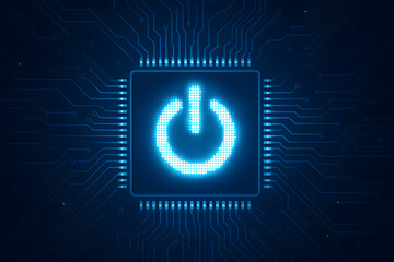 Poster - Digital On/Off: An illuminated power button glows at the core of a circuit board, set against a deep blue background, representing the digital world.