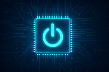 Poster - Power Button Emblem: Illuminated power button integrated onto a microchip, illustrating the technological core and digital control.