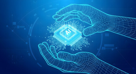 Poster - AI Chip and Virtual Hands: An artistic rendering of a digital AI chip cradled in the wireframe hands of a digital representation with bright blue color