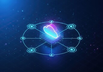 Poster - Futuristic neon orb network with glowing center and connected nodes in deep space