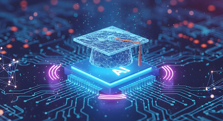 Poster - AI Education: A digital representation of a mortarboard, symbolizing the evolution of education within the sphere of artificial intelligence, over a computer microchip.