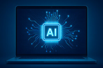 Poster - AI Core: A sleek laptop displays a luminous AI core, an emblem of the digital age. The glowing circuit board and digital interface signify innovation, technology, and the possibilities of future. 