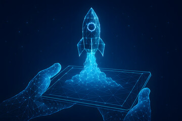 Poster - Digital Ascent: A glowing rocket blasts off from a tablet held by a digital hand, representing innovation, technology, and progress in a futuristic, low-poly aesthetic.