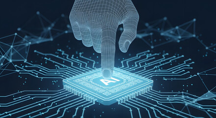 Poster - AI and Human Interaction: An artistic representation of the interaction between artificial intelligence and the human touch, with a futuristic design of the artificial neural network.