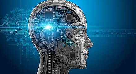 Poster - Intelligent Systems: A sleek, robotic head, intricately detailed, radiates intelligence with glowing circuit board, hinting at advanced technology.