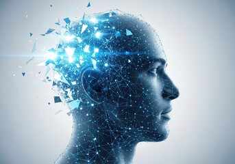 Poster - Abstract digital art depicting a human head exploding into a nebula of light and particles