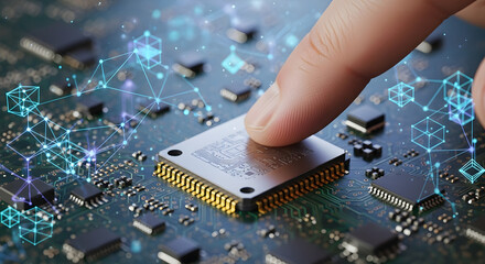Poster - Tech Touch: A hand delicately touches a computer chip on a circuit board. Capturing the essence of innovation and advanced technology.