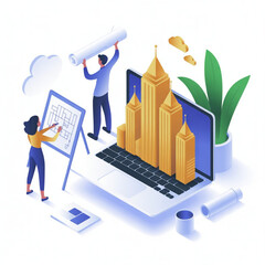 Poster - Dynamic architects collaborate on stunning building designs for future cityscape on modern laptop