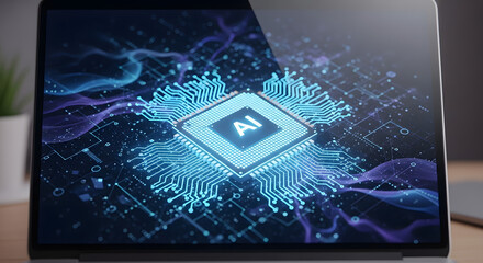 Poster - AI Integrated: A close-up view showcases a sleek laptop displaying an AI-integrated circuit, with intricate digital patterns creating a futuristic scene.