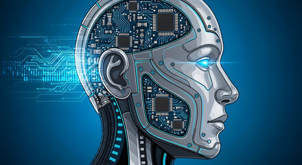 Poster - Digital intelligence: A close-up of a cyborg head showcasing intricate details. The portrait captures the essence of artificial intelligence, innovation and the future.