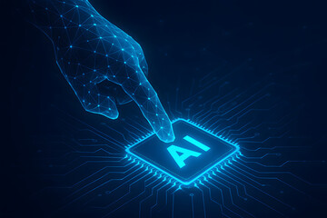 Poster - AI Chip Touch: A digital hand interacts with a glowing AI chip, illustrating the concept of artificial intelligence and machine learning