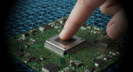 Poster - Touch the Future: A close-up shot of a fingertip gently touching the central processor, the heart of technology, set against a backdrop of interconnected circuitry.