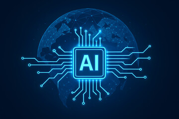 Poster - AI Chip: This digital illustration of an AI chip superimposed on a holographic globe embodies the essence of artificial intelligence