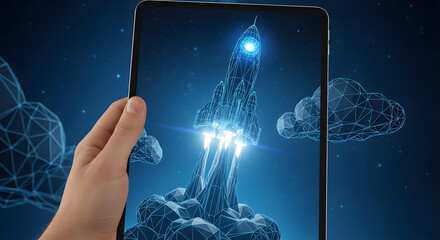 Poster - Digital Ascent: A hand cradles a modern tablet displaying a digitally rendered rocket ship soaring skyward, symbolizing innovation, advancement, and technological progress.