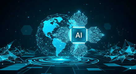 Poster - Artificial Intelligence Revolution: An illuminated digital globe surrounded by intricate circuit patterns symbolizes the power and interconnectedness of AI in a futuristic and technology-driven world.
