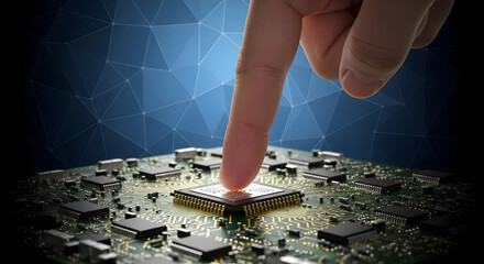 Poster - Touching the Digital Core: A finger delicately touches a central processor, with a complex circuit board and a futuristic background that speaks to digital advancement and technological innovation.