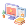 © Art_spiral - 3d render isometric cartoon online learning platform with computer screen video player test result books and plant in pastel colors education concept isolated on transparent background
