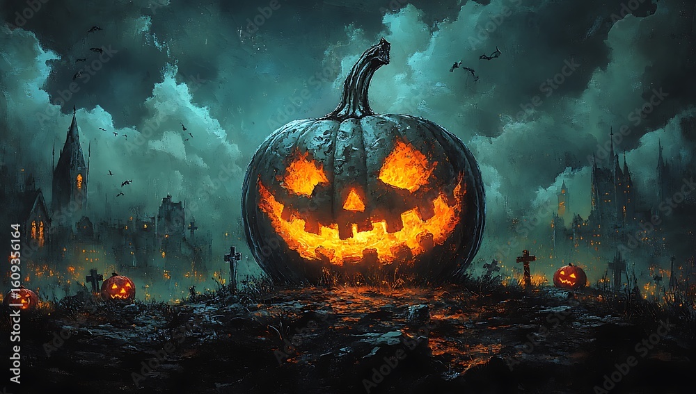 Glowing Jack O Lanterns in a Spooky Cemetery with Haunted Castle ...