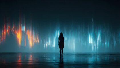 Poster - Silhouette woman stands before futuristic backdrop of financial data streams. Stock market charts, representing trading, investment, digital analysis, business
